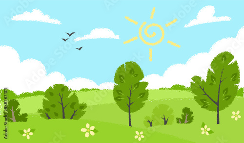 A crayon illustration of a summer meadow with rolling green hills, blue sky, and scattered clouds. The scene features grass, trees, and flowers. Ideal for backgrounds or nature designs. Not AI.