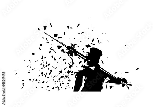 Skiing. Downhill skier holding ski, ink drawing vector portrait