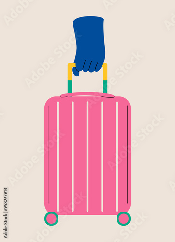 Hand holding suitcase. Concept of travel. Colorful vector illustration