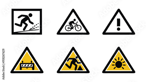 A set of 6 pictograms depicting various accident hazards, including a man tripping, a cyclist, a warning sign, road work, a man falling, and a sun icon.