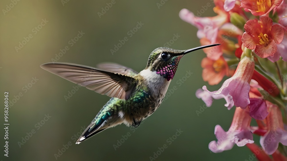 A cinematic close-up of a hummingbird hovering mid-flight, with a focus on its iridescent feathers and tiny beak. A cinematic close-up of a hummingbird hovering mid-flight, with a focus on its iridescent feathers and tiny beak.