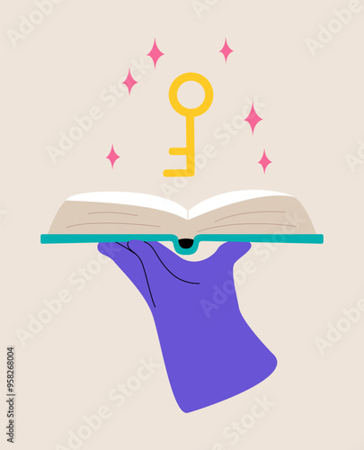 Hands holding open book with magic golden key. Colorful vector illustration