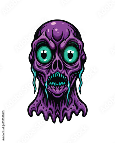 A purple alien monster with large glowing green eyes.