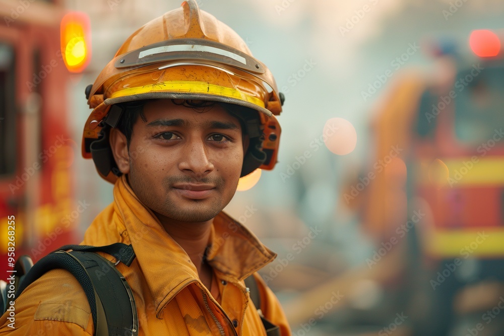 Indian Firefighter Worker Standing Confidently in Uniform Indian Firefighter Worker Standing Confidently in Uniform