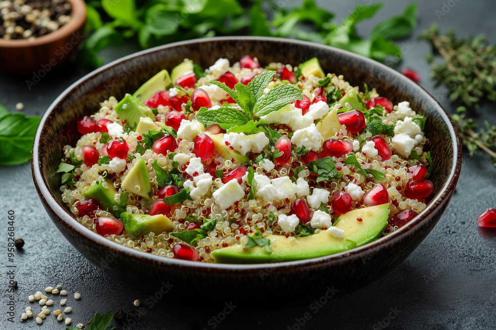 Discover a vibrant quinoa salad with fresh avocado, pomegranate, and mint, perfect for a healthy lunch or dinner in a chic kitchen setting Discover a vibrant quinoa salad with fresh avocado, pomegranate, and mint, perfect for a healthy lunch or dinner in a chic kitchen setting