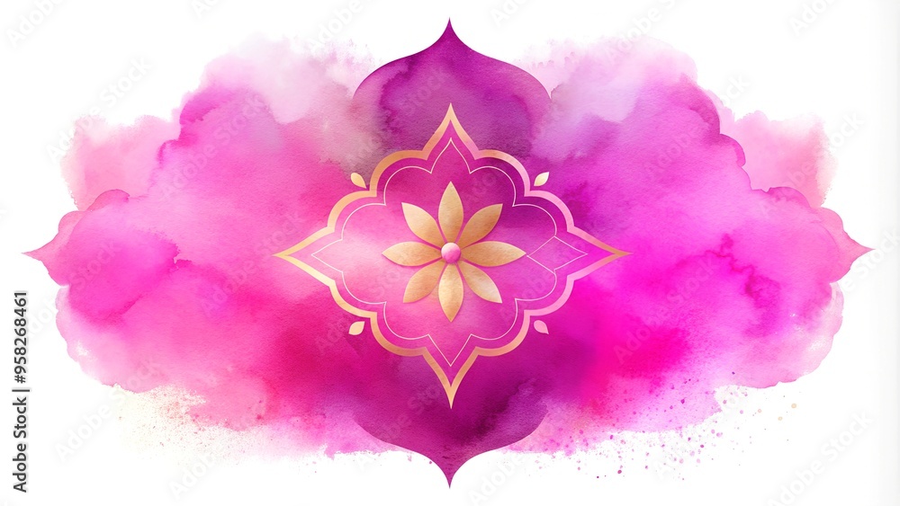 Vibrant pink purple watercolor frame with golden flower perfect for wedding invitations, greeting cards, or luxury event stationery. Vibrant pink purple watercolor frame with golden flower perfect for wedding invitations, greeting cards, or luxury event stationery.