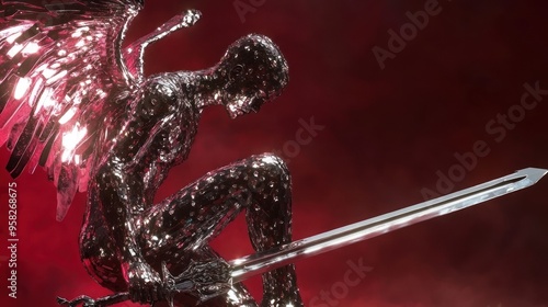 Kneeling chrome winged figure with large sword held tight.