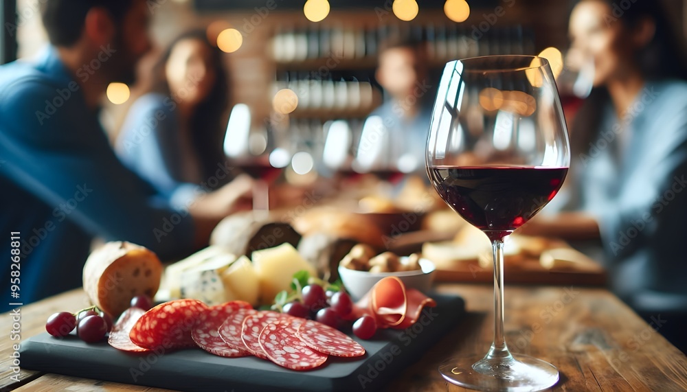 Close-up of a glass of red wine on a bar table with blurred people and charcuterie board in the background at a cozy wine tasting event Close-up of a glass of red wine on a bar table with blurred people and charcuterie board in the background at a cozy wine tasting event
