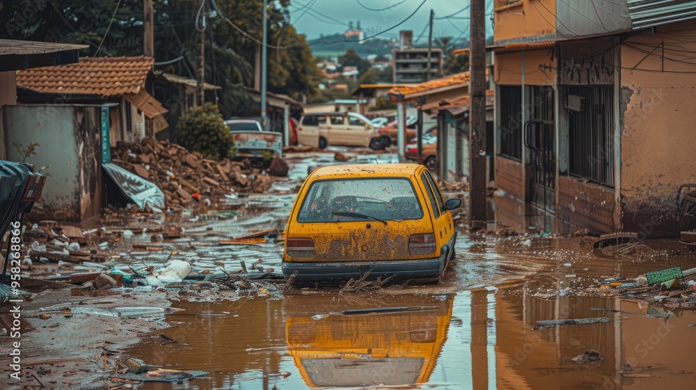 A yellow car is stuck in a flooded street A yellow car is stuck in a flooded street