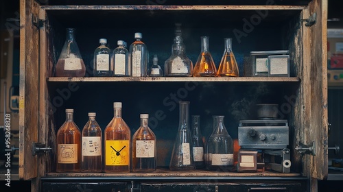 A Cabinet Filled with Glass Bottles and a Metal Device photo