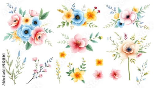 Wallpaper Mural Colorful set of floral bouquets with pink, yellow, and blue flowers against a white background Torontodigital.ca