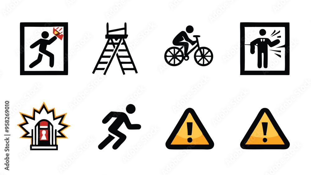 A set of pictograms depicting various accidents, including a man falling from a ladder and a man being hit by a falling object. A set of pictograms depicting various accidents, including a man falling from a ladder and a man being hit by a falling object.