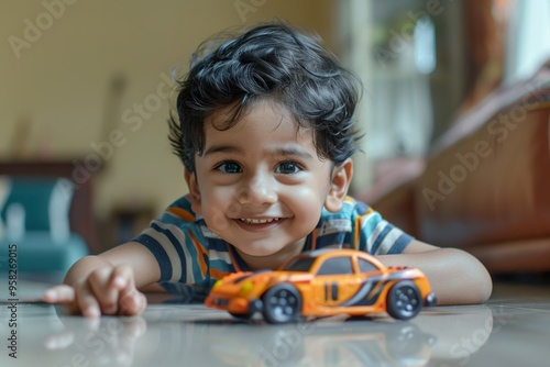 Indian Little Kid Having Fun with Toy Car in Living Room