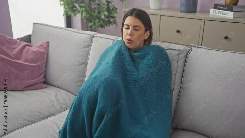 A young woman wrapped in a teal blanket is relaxing on a comfortable sofa in a cozy living room at home, showcasing a serene indoor setting for personal downtime.