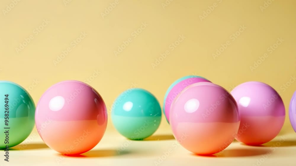 Colorful pastel plastic balls on a yellow background, perfect for children's parties, Easter celebrations, and vibrant, playful designs Colorful pastel plastic balls on a yellow background, perfect for children's parties, Easter celebrations, and vibrant, playful designs