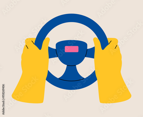 Car steering wheel in hands. Colorful vector illustration