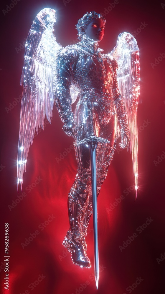 Spectacular angelic figure in radiant armor with wings. Spectacular angelic figure in radiant armor with wings.