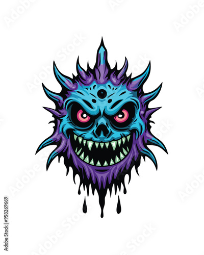 A menacing alien monster with sharp spikes, a wicked grin, and dripping black goo.