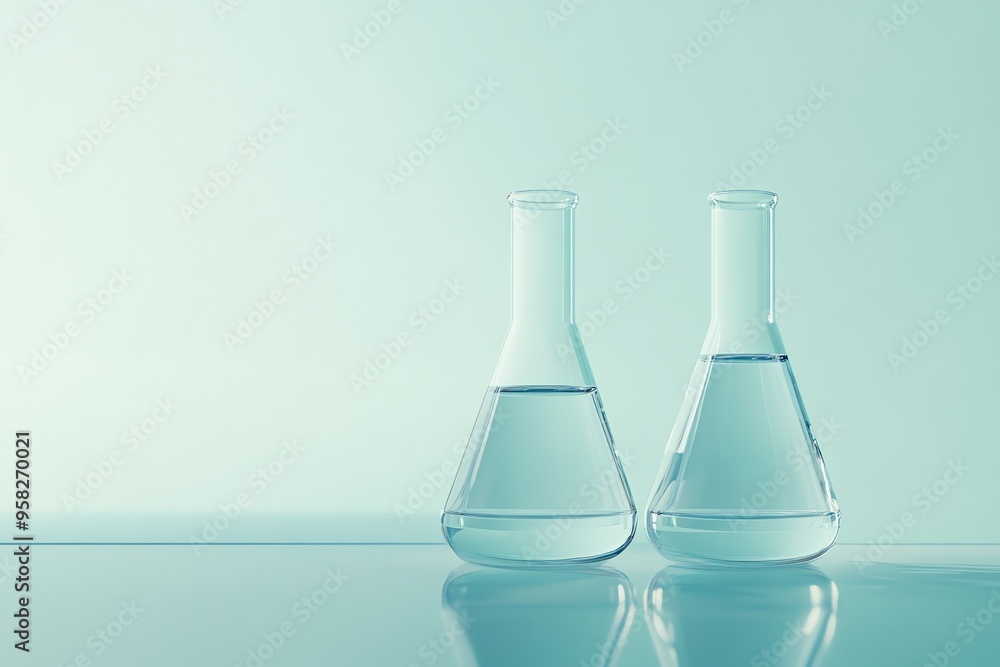 Two Clear Glass Erlenmeyer Flasks with Liquid on a Light Blue Surface Two Clear Glass Erlenmeyer Flasks with Liquid on a Light Blue Surface