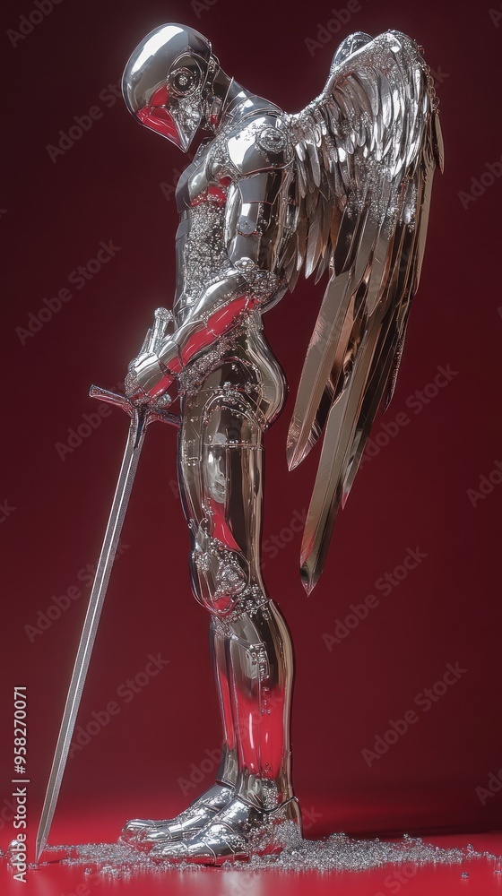 Armored figure with wings and sword facing forward. Armored figure with wings and sword facing forward.