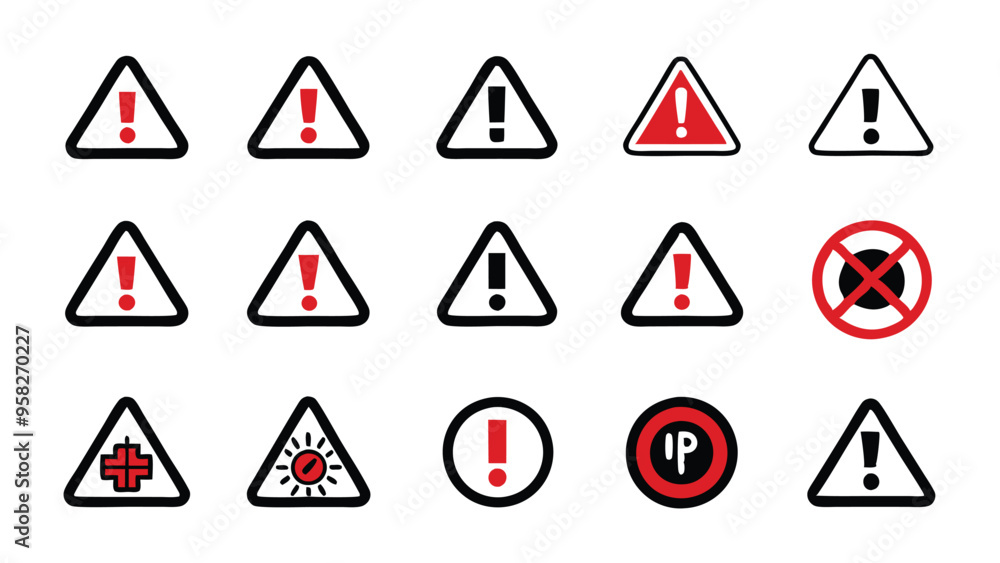 A set of line icons depicting various alert, risk, caution, and warning signs. A set of line icons depicting various alert, risk, caution, and warning signs.