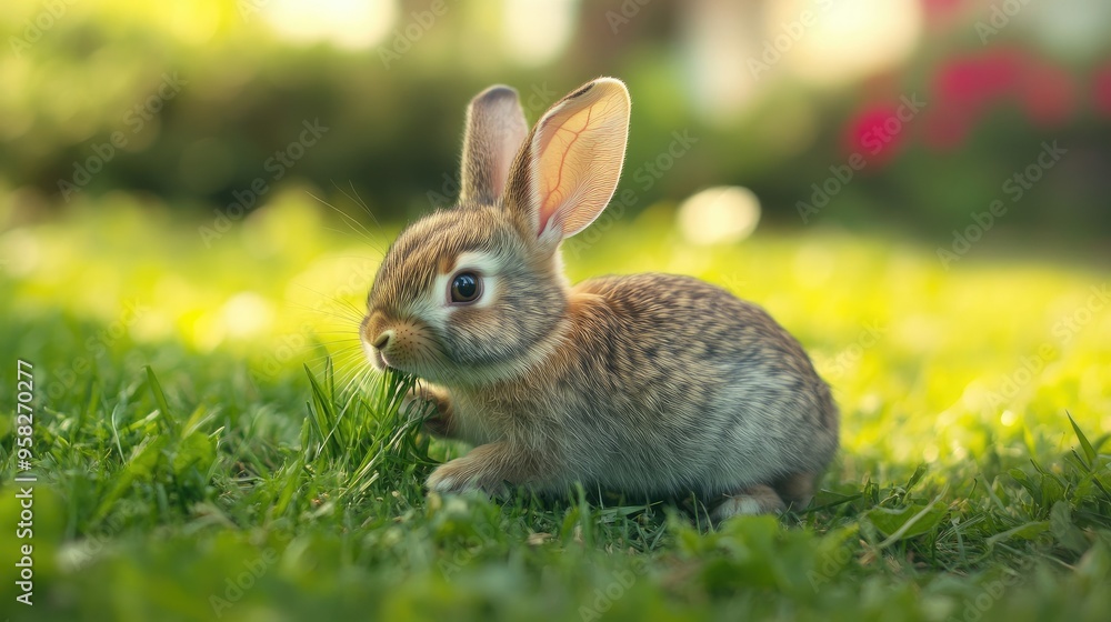 Fototapeta premium Baby rabbit playfully hopping and biting grass in a vibrant yard, capturing the energetic and adorable behavior of this popular pet