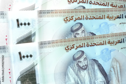 Close up Dirhams currency with new design Notes, AED, Bank notes and coins, United Arab Emirates photo