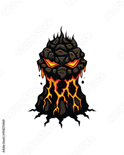 A towering rock-like monster with cracks in its surface, lava flowing from its eyes and mouth.