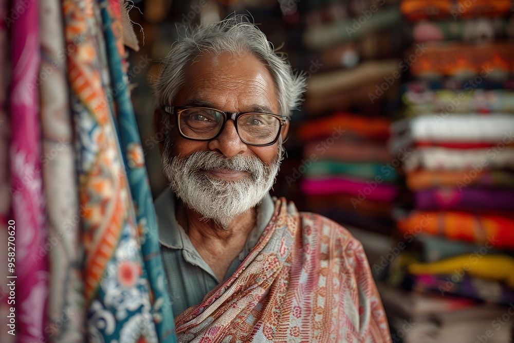 Joyful Indian Textile Merchant in Store Looking at Camera Joyful Indian Textile Merchant in Store Looking at Camera