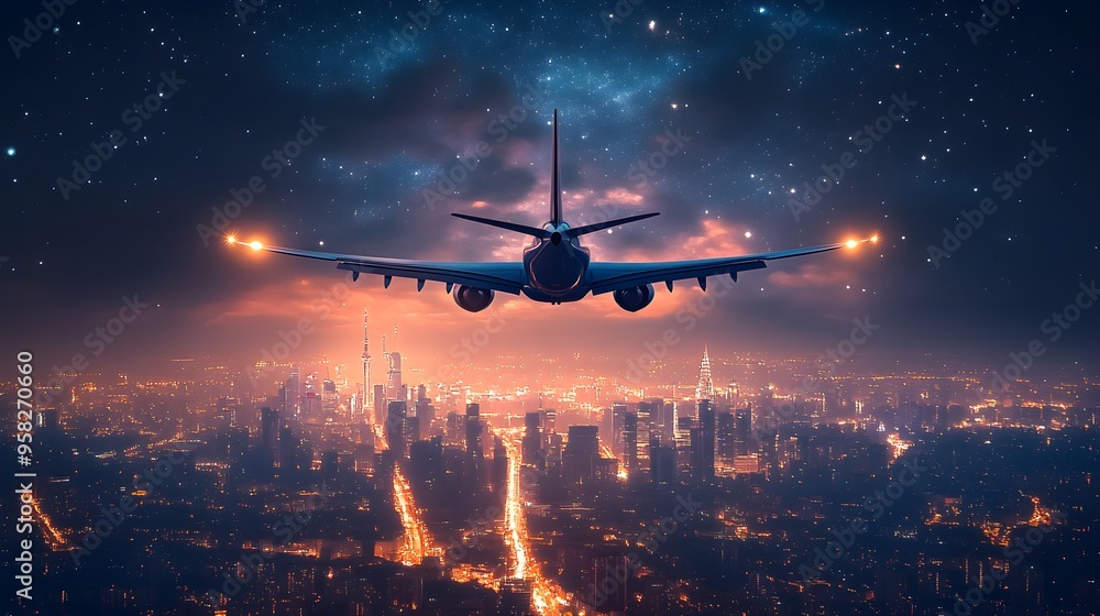 A sleek airplane gliding above a dazzling cityscape, skyscrapers aglow with golden lights against a deep indigo sky, stars twinkling in the distance A sleek airplane gliding above a dazzling cityscape, skyscrapers aglow with golden lights against a deep indigo sky, stars twinkling in the distance