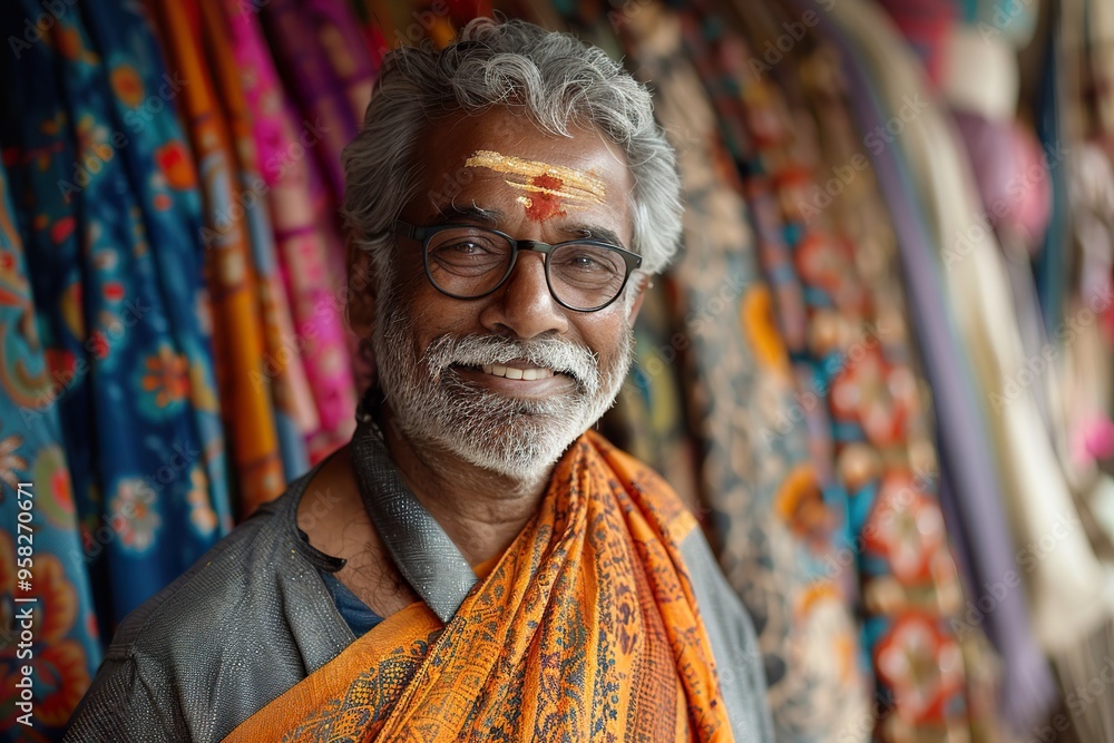 Fototapeta premium Joyful Indian Textile Merchant in Store Looking at Camera