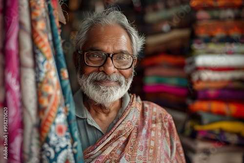 Joyful Indian Textile Merchant in Store Looking at Camera