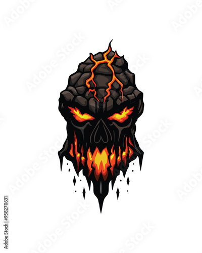 A fiery, towering rock monster with cracks, glowing eyes, and dripping lava.