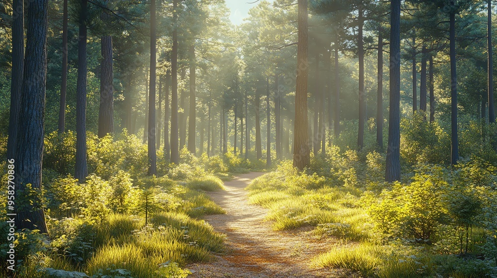 Fototapeta premium A serene forest path illuminated by soft sunlight, surrounded by tall trees and vibrant greenery, perfect for nature lovers.