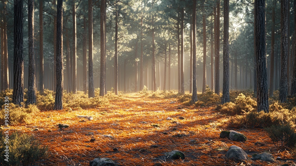 Fototapeta premium A serene forest path illuminated by soft sunlight, surrounded by tall trees and a carpet of fallen leaves and stones.