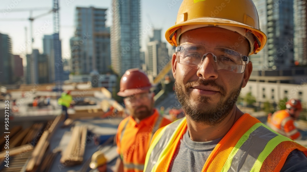 Construction worker adjusting safety equipment on-site, with a high-rise building under construction and other workers in the background Construction worker adjusting safety equipment on-site, with a high-rise building under construction and other workers in the background