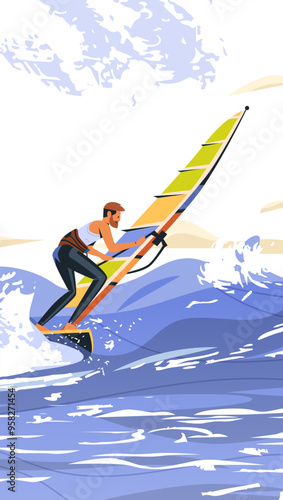 Windsurfer riding waves vibrant ocean scene dynamic water sports action colorful sail splashy sea adventure