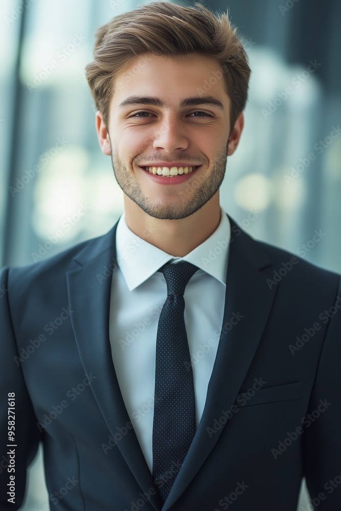 A man in a suit and tie is smiling and looking at the camera. He is wearing a black tie and a black jacket