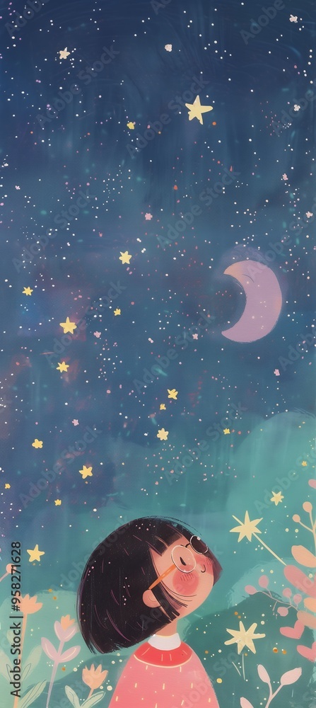 Obraz premium llustration of a girl in glasses looking up at the night sky filled with stars and a crescent moon. Whimsical and dreamy concept for design and print.