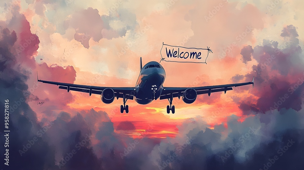 Whimsical airplane in the sky, trailing a cheerful Whimsical airplane in the sky, trailing a cheerful