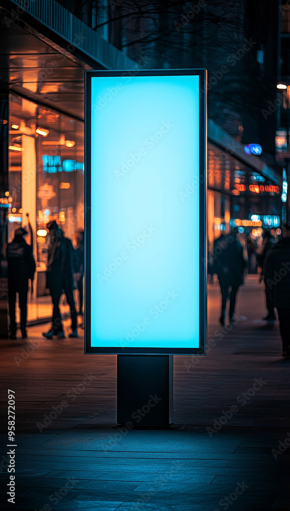 A bright photo of an illuminated advertising mockup in an urban setting, showcasing blank blue display at night. atmosphere is vibrant and modern. A bright photo of an illuminated advertising mockup in an urban setting, showcasing blank blue display at night. atmosphere is vibrant and modern.