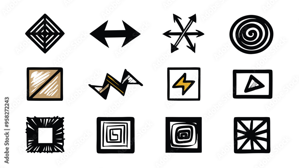 Hand-drawn brush stroke arrows, lines, frames, and spirals in grunge style. Hand-drawn brush stroke arrows, lines, frames, and spirals in grunge style.