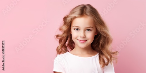 Pink background Happy european white child realistic person portrait of young beautiful Smiling child Isolated on Background Banner with copyspace 