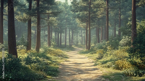 A serene forest path surrounded by tall trees and lush greenery, inviting exploration in a peaceful natural setting.