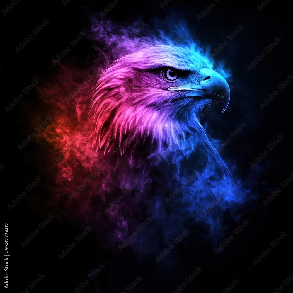 Obraz premium Head of an eagle formed from colorful smoke and light