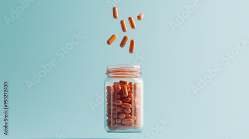 orange pills capsules falling in the air into a clear plastic jar supplement bottle brand packaging product photography branding blue sky background