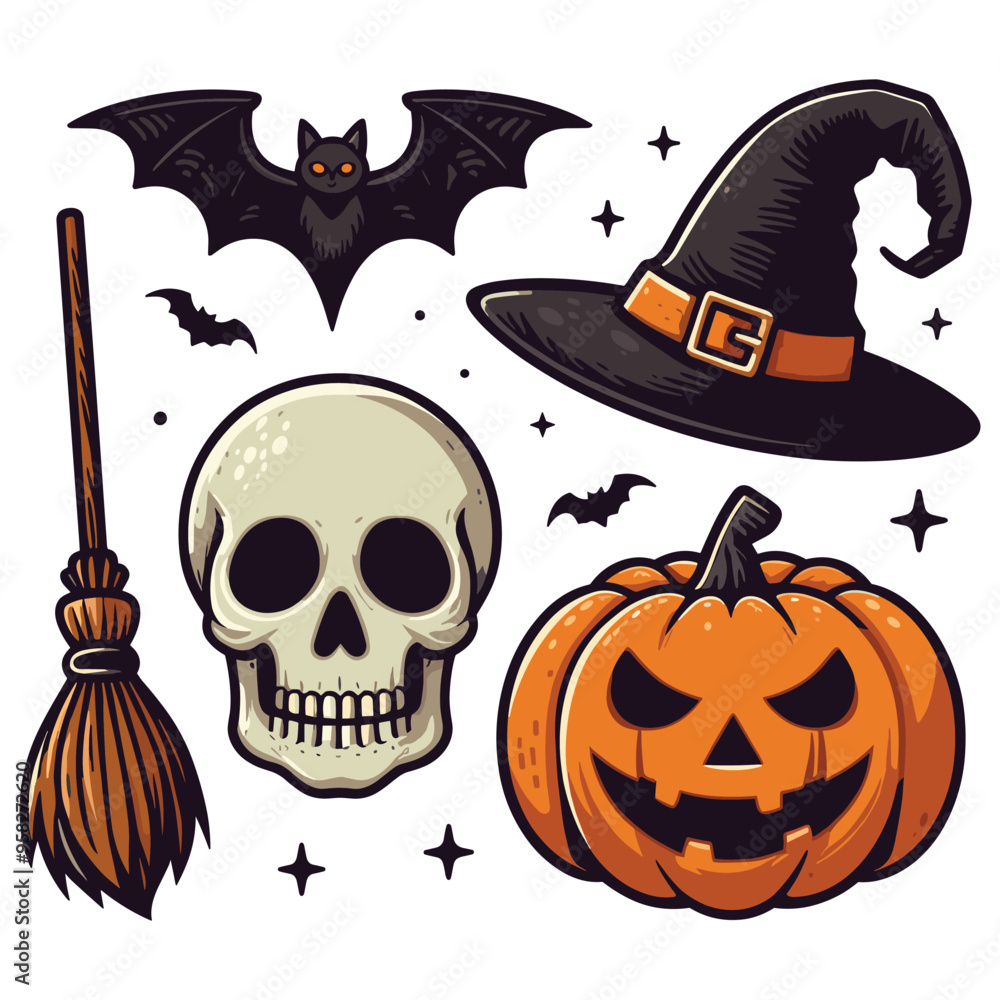 Obraz premium Halloween illustration in cartoon style with skull pumpkin bat witch hat broom on white background