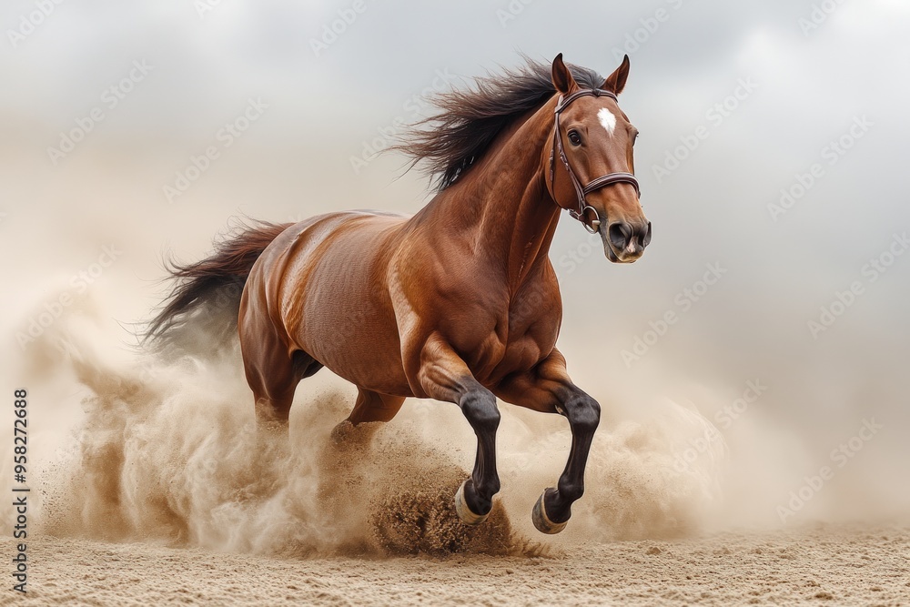 A brown horse running through a cloud of dust on a sandy surface. A brown horse running through a cloud of dust on a sandy surface.