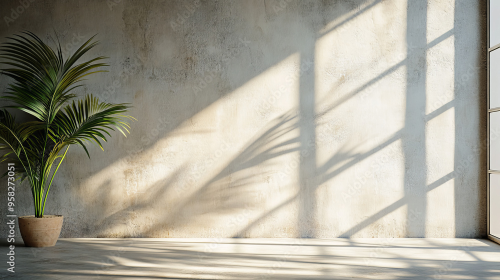 A sleek, modern room with lots of natural light. The sun shines through a window, creating a shadow from a palm leaf on the bare, industrial wall. A sleek, modern room with lots of natural light. The sun shines through a window, creating a shadow from a palm leaf on the bare, industrial wall.