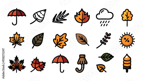 Set of hand-drawn doodle autumn icons with leaves, an umbrella and a rain cloud.